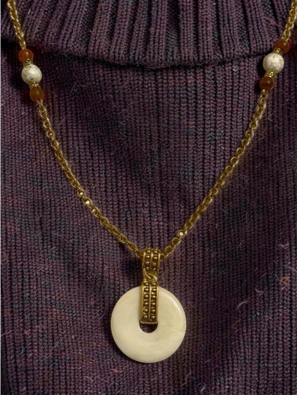 Napier Gold-Tone Chain Necklace with Cream Donut Pendant & Brown Accent Beads